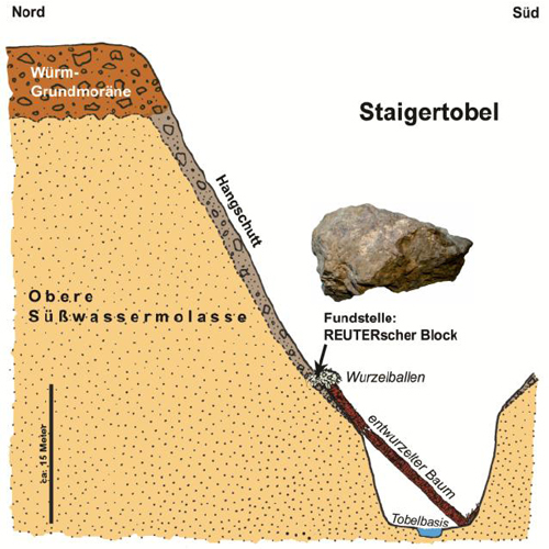 Geologisches Profil des Staigertobels (westlicher Seitenarm in Richtung „Jungviehweide“) mit der Fundstelle des REUTERschen Blockes im Hangschutt der nördlichen Tobelwand.